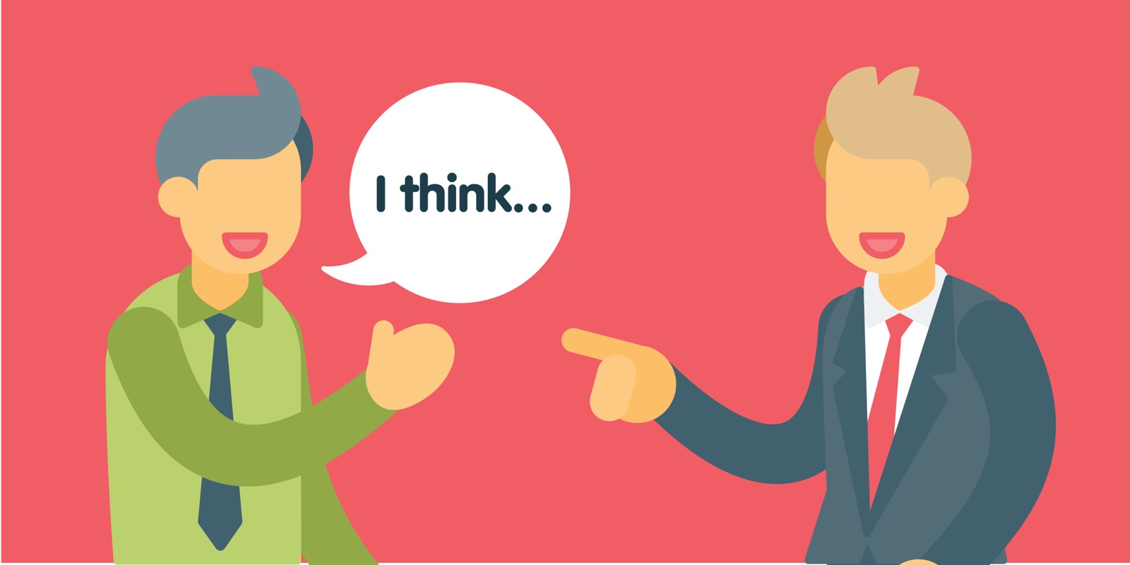 Two cartoon men talking; one says “I think…” while the other points at him